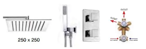 Душевой комплект Bossini COTETIS: смеситель на 2 выхода, верхний душ 250x250 мм, ручной душ CUBE с водорозеткой, шланг 150 см, цвет хром (M00764.030)