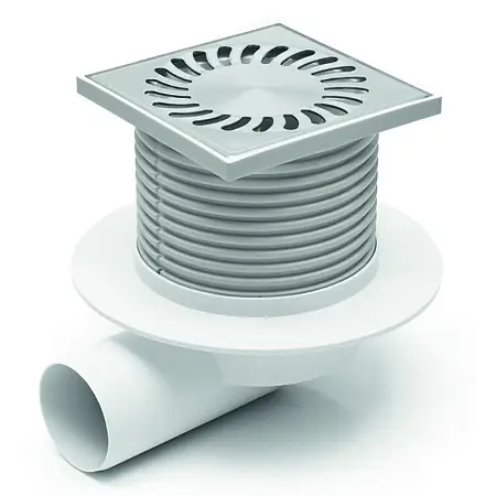 Душевой трап AZARIO DN50 12,2х12,2см, пластиковый, горизонтальный слив, универсальный, решетка из нержавеющей стали (AZ-425 X L)