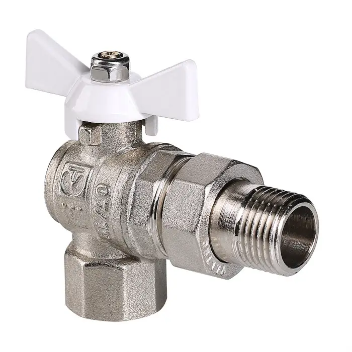 Кран шаровой Valtec BASE угловой с полусгоном 3/4" вн.-нар. белая рукоятка (VT.228.NW.05)