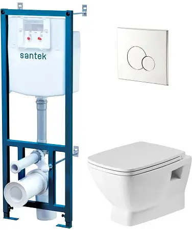ПЭК: Santek Нео rimless подвесной безободковый унитаз с сиденьем + инсталляция + панель смыва хром (1.WH50.1.572)
